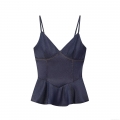 Women Sexy Denim Peplum Cami Top V Neck Backless Contrast Stitching Tank Top For Summer Vacation Party Fashion Slim Fit Blue Sleeveless Camisole