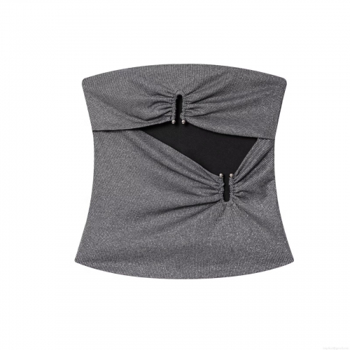 Women's Sexy Silver Metallic Knit Tube Top Slim Fit Cut-Out Strapless Crop Top With Metal Beads For Party Clubwear Fashionable Lady Summer Outfits