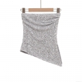 Sexy Silver Sequin Tube Top Strapless Asymmetric Hem Slim Fit Party Clubwear Sparkly Women's Bandeau Top Polyester Sleeveless Blouse For Evening Prom
