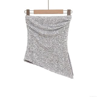 Sexy Silver Sequin Tube Top Strapless Asymmetric Hem Slim Fit Party Clubwear Sparkly Women's Bandeau Top Polyester Sleeveless Blouse For Evening Prom