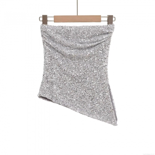 Sexy Silver Sequin Tube Top Strapless Asymmetric Hem Slim Fit Party Clubwear Sparkly Women's Bandeau Top Polyester Sleeveless Blouse For Evening Prom