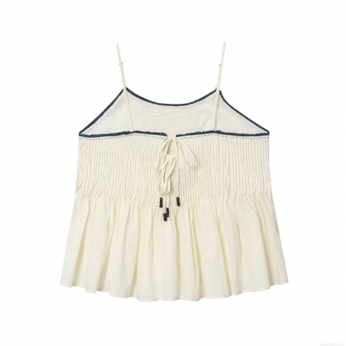 Women's Sexy Cami Top Smocking Contrast Trim Tank Top Back Lace Up With Bead Sleeveless Polyester Sling Top For Summer Daily Vacation Wear