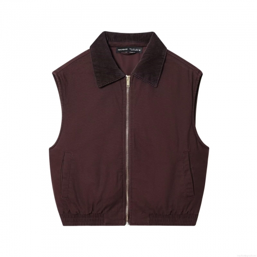 Women Solid Canvas Vest With Corduroy Lapel Zipper Up Sleeveless Gilet Elastic Hem Casual Ins Style Fashion Tank Top Outwear For Women