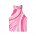 Women Sexy Halter Neck Pink Geometric Wave Print Satin Crop Top Sleeveless Backless Tie-up Bow Top For Summer Party Elegant Socialite Style