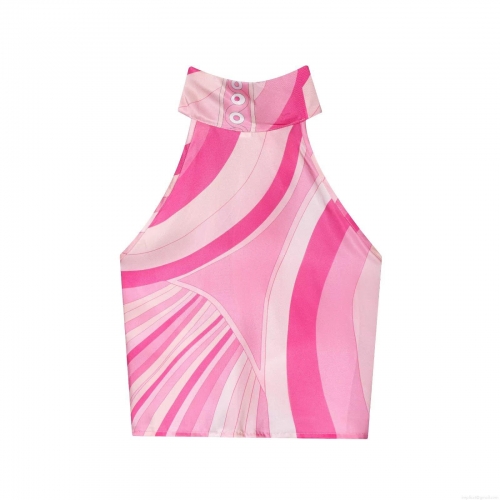 Women Sexy Halter Neck Pink Geometric Wave Print Satin Crop Top Sleeveless Backless Tie-up Bow Top For Summer Party Elegant Socialite Style