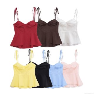 Women's Sexy Solid Color Peplum Camisole Top With Tie-up Straps And Pleated Bust Sleeveless Polyester Summer Tops For Women Streetwear Party Dating
