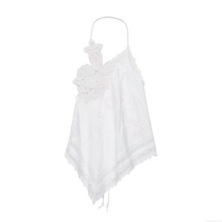 Women's Sexy White Halter Crochet Top With Floral Embroidery Asymmetric Hem Boho Lace Cami For Summer Beach Party Vacation Streetwear