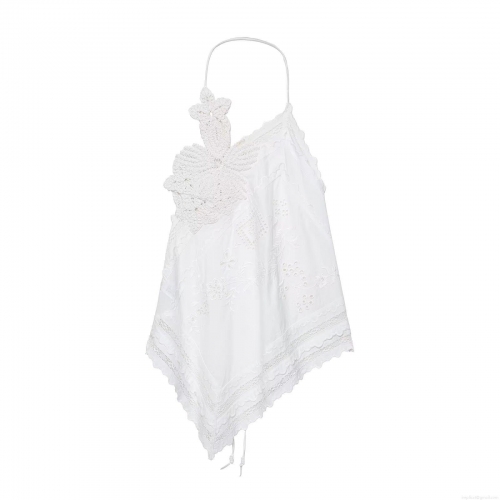 Women's Sexy White Halter Crochet Top With Floral Embroidery Asymmetric Hem Boho Lace Cami For Summer Beach Party Vacation Streetwear