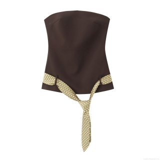 Women's Sexy Coffee Tube Top With Geometric Print Tie Belt Slim Fit Strapless Woven Polyester Blouse For Summer Party Vacation Clubwear
