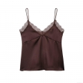 Women Sexy Satin Lace Trim Camisole V Neck Spaghetti Strap Silk Texture Tank Top Summer Sleeveless Party Clubwear Evening Vest Coffee