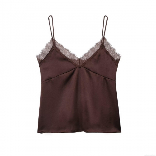 Women Sexy Satin Lace Trim Camisole V Neck Spaghetti Strap Silk Texture Tank Top Summer Sleeveless Party Clubwear Evening Vest Coffee