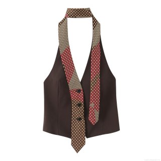 Sexy Halter Neck Tie Vest Top Women Polyester Acrylic Geometric Diamond Print Button Front Retro Streetwear Sleeveless Camisole Blouse
