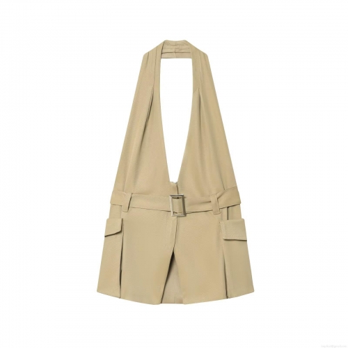 Women's Halter Neck Cargo Top With Metal Buckle Belt Large Pockets Sexy Backless Slim Fit Khaki Polyester Cotton Sleeveless Vest Streetwear Chic Fashion