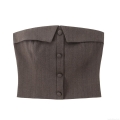 Women Strapless Tube Top Herringbone Pattern Button Front Lapel Design Sexy Slim Fit Crop Top For Party Clubwear Daily Casual Streetwear