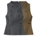 Women Sleeveless Double Breasted Vest Top Polyester Twill High Neck Side Cutout Straps Slim Fit Back Zipper Waistcoat For Office Daily Wear Fashion Lady