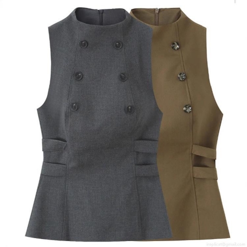 Women Sleeveless Double Breasted Vest Top Polyester Twill High Neck Side Cutout Straps Slim Fit Back Zipper Waistcoat For Office Daily Wear Fashion Lady Women Sleeveless Double Breasted Vest Top Polyester Twill High Neck Side Cutout Straps Slim Fit Back Zipper Waistcoat For Office Daily Wear Fashion Lady