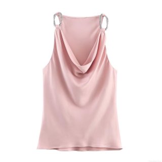 Satin Cami Top Women's Cowl Neck Beaded Metal Chain Straps Slim Fit Sleeveless Sexy Tank Top For Party Club Elegant Pink Blouse
