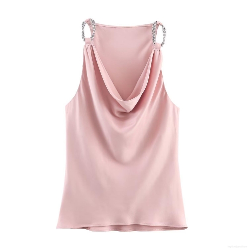Satin Cami Top Women's Cowl Neck Beaded Metal Chain Straps Slim Fit Sleeveless Sexy Tank Top For Party Club Elegant Pink Blouse