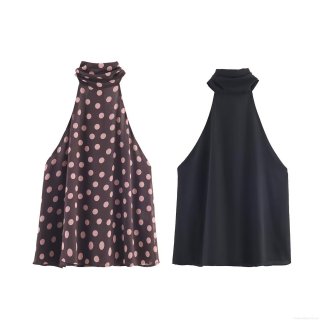 Women Sexy Chiffon Halter Neck Top With Bow Decoration Sleeveless Polka Dot Printed Slim Fit Summer Blouse For Party Clubwear