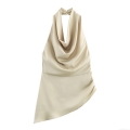Women's Sexy Halter Cowl Neck Satin Top Asymmetric Hem Backless Sleeveless Champagne Simulated Silk Blouse For Party Night Out Clubwear