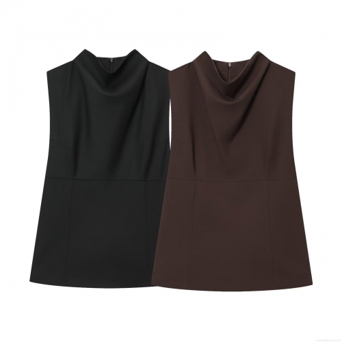Women's Fashion Ruffled High Neck Sleeveless Top Elegant Solid Color Polyester Slim Fit Vest With Back Zipper For Daily Party Socialite Style