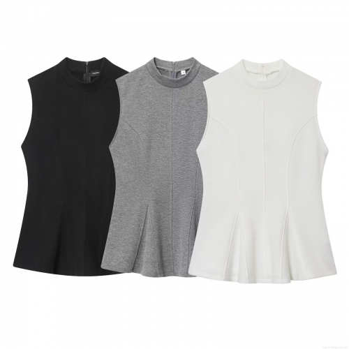 Women's Elegant Knitted Mock Neck Peplum Top Sleeveless Slim Fit Back Zipper Waist Ruffle Shirt For Party Clubwear Daily Casual Blouse Black Grey White