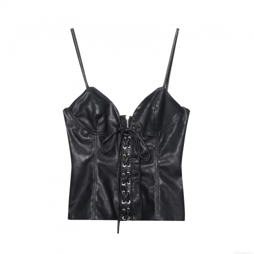 Women's Sexy PU Leather Lace-up Camisole Top With Back Zipper V-Neck Sleeveless Slim Fit Crop Top For Party Nightclub Streetwear