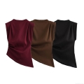 Women's Elegant Sleeveless Pleated Satin Top Asymmetric Hem Slim Fit Back Zipper Shoulder Pad Vest Sexy Socialite Party Tank Top