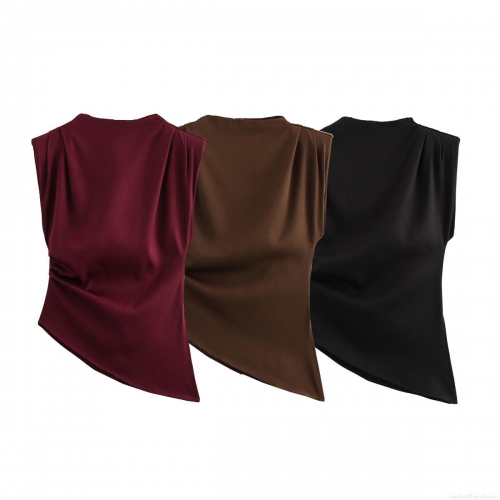 Women's Elegant Sleeveless Pleated Satin Top Asymmetric Hem Slim Fit Back Zipper Shoulder Pad Vest Sexy Socialite Party Tank Top