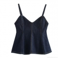 Women's Dark Blue Denim Camisole Top With V-Neck And Peplum Hem Back Zipper Design Sexy Streetwear Sleeveless Slim Fit Denim Tank Top For Casual Party
