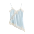 Women Sexy Lace Patchwork Satin Camisole V-Neck Spaghetti Strap Asymmetrical Hem Sleeveless Top Summer Solid Color Tank Top For Dating Party Streetwear Casual