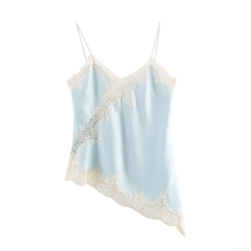 Women Sexy Lace Patchwork Satin Camisole V-Neck Spaghetti Strap Asymmetrical Hem Sleeveless Top Summer Solid Color Tank Top For Dating Party Streetwear Casual