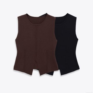 Women's Ribbed Knit Tank Top Round Neck Split Hem Sleeveless Slim Fit Polyester Vest Sexy Solid Color Casual Chic Summer Streetwear Top For Ladies