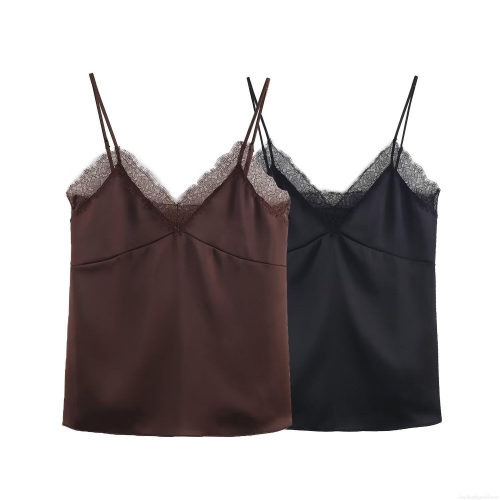Women's Sexy V Neck Lace Trim Satin Camisole Polyester Acrylic Spaghetti Strap Sleeveless Silk Feel Tank Top For Party Clubwear Streetwear Women Top