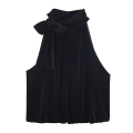 Women's Sexy Black Velvet Halter Neck Top With Bow Accent Sleeveless Off Shoulder Balloon Blouse Elegant Party Socialite Clubwear Backless Cami