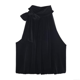 Women's Sexy Black Velvet Halter Neck Top With Bow Accent Sleeveless Off Shoulder Balloon Blouse Elegant Party Socialite Clubwear Backless Cami