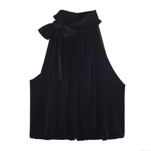 Women's Sexy Black Velvet Halter Neck Top With Bow Accent Sleeveless Off Shoulder Balloon Blouse Elegant Party Socialite Clubwear Backless Cami