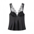 Sexy Black Satin Camisole With Lace Trim V Neck Sleeveless Backless Tank Top For Women Fashion Slim Fit Clubwear Party Strappy Blouse