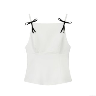 Women's Sexy White Cami Top With Black Bow Straps Peplum Hem Slim Fit Stretch Fabric Sleeveless Streetwear Fashion Top For Party Date Women's Sexy White Cami Top With Black Bow Straps Peplum Hem Slim Fit Stretch Fabric Sleeveless Streetwear Fashion Top For Party Date