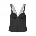 Women's Sexy Satin Camisole V-Neck Eyelash Lace Trim Tank Top Sleeveless Adjustable Strap Backless Clubwear Party Blouse