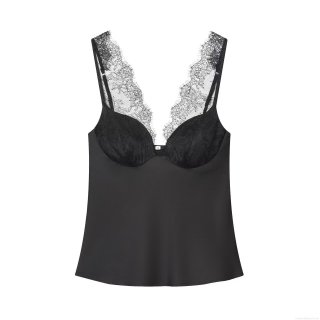 Women's Sexy Satin Camisole V-Neck Eyelash Lace Trim Tank Top Sleeveless Adjustable Strap Backless Clubwear Party Blouse