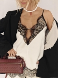 Women's Sexy Satin V-Neck Camisole With Eyelash Lace Trim Elegant Sleeveless Tank Top Slim Fit Summer Pullover For Date Night Party