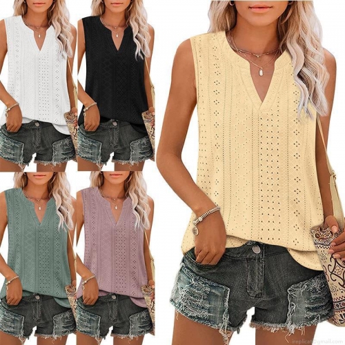 Women Sleeveless V Neck Tank Top 95% Polyester 5% Spandex Hollow Out Eyelet Embroidery Summer Casual Loose Vest For Women Women Sleeveless V Neck Tank Top 95% Polyester 5% Spandex Hollow Out Eyelet Embroidery Summer Casual Loose Vest For Women