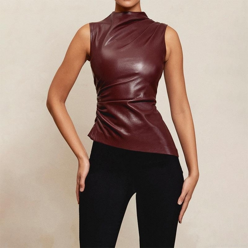 Women's Sexy PU Leather Sleeveless Vest Stand Collar Ruched Irregular Hem Bodycon Top Chic Streetwear Clubwear Party Blouse Women's Sexy PU Leather Sleeveless Vest Stand Collar Ruched Irregular Hem Bodycon Top Chic Streetwear Clubwear Party Blouse