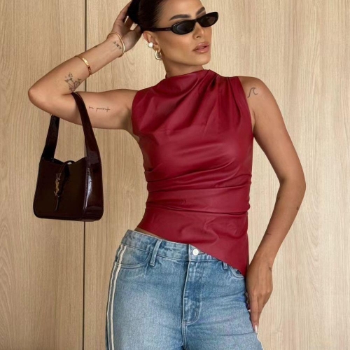 Women PU Leather Sleeveless Top Chic High Neck Ruched Slim Fit Vest Sexy Back Zipper Irregular Hem Solid Color Streetwear Tank Top For Party Daily Casual Clubwear Women PU Leather Sleeveless Top Chic High Neck Ruched Slim Fit Vest Sexy Back Zipper Irregular Hem Solid Color Streetwear Tank Top For Party Daily Casual Clubwear