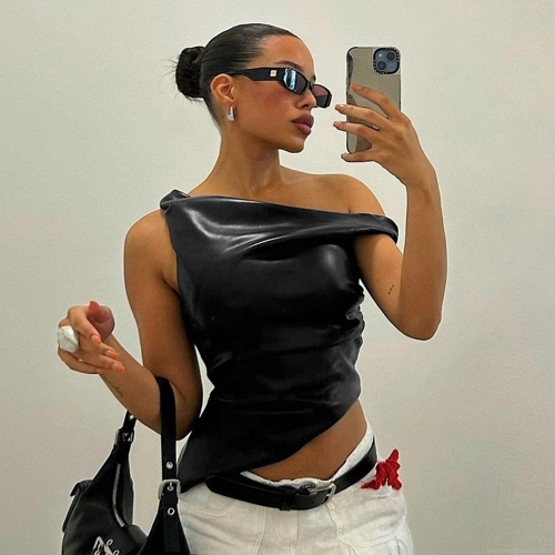 Women's Sexy One Shoulder PU Leather Tank Top Sleeveless Asymmetrical Pleated Slim Fit Streetwear Party Clubwear Crop Tops For Women