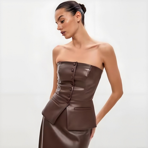 Sexy PU Leather Strapless Tube Top For Women Single Breasted Peplum Corset Vest Slim Fit Streetwear Party Clubwear Sleeveless Tank Top