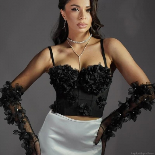 Women Sexy 3D Floral Lace Mesh Corset Top Beaded Fishbone Bustier Camisole With Padded Cups Club Party Streetwear Sleeveless Vest