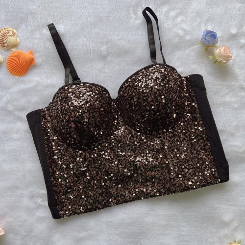 Women's Sexy Sequin Fishbone Bustier Crop Top Sparkly Adjustable Spaghetti Strap Boned Corset Vest For Nightclub Party Bronze Black