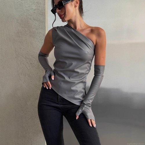 Women Sexy Off Shoulder PU Leather Vest Top With Detachable Sleeve Covers Irregular Hem Camisole Party Clubwear Streetwear Faux Leather Shirt Set Women Sexy Off Shoulder PU Leather Vest Top With Detachable Sleeve Covers Irregular Hem Camisole Party Clubwear Streetwear Faux Leather Shirt Set